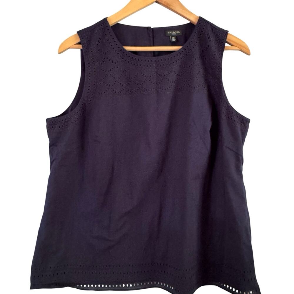 Talbots Navy Blue Embroidered Cotton Tank Top Blouse Women’s Size 14P